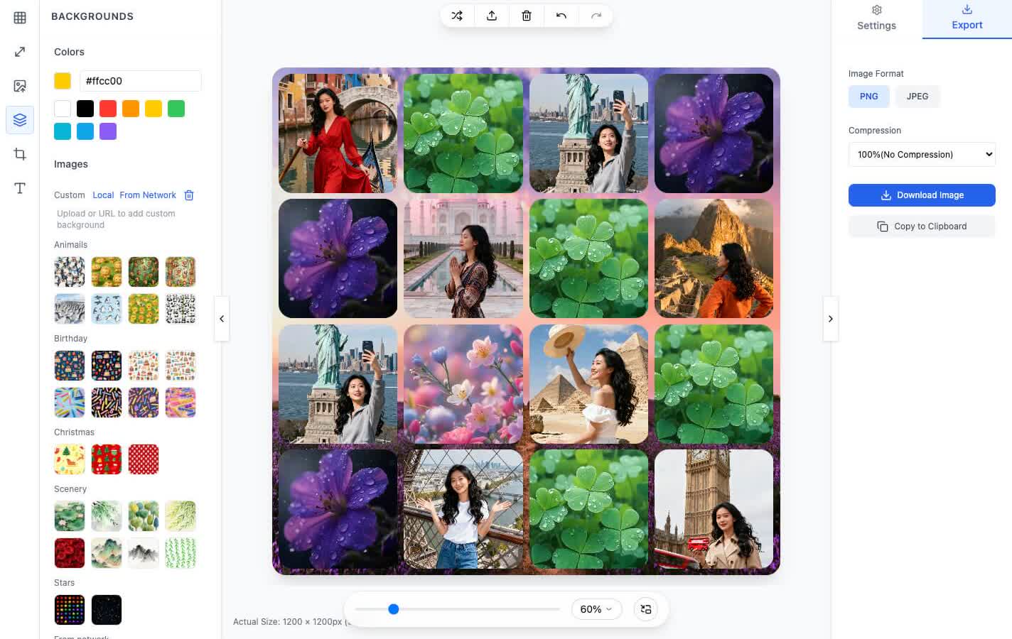 Photo collage background templates with solid color, gradient, custom image backgrounds, and rounded PNG export