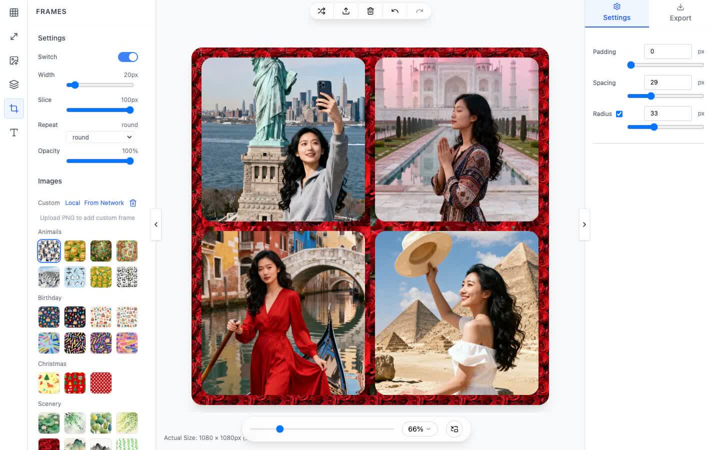 9-slice PNG frame collage template with adjustable compactness and layer order control