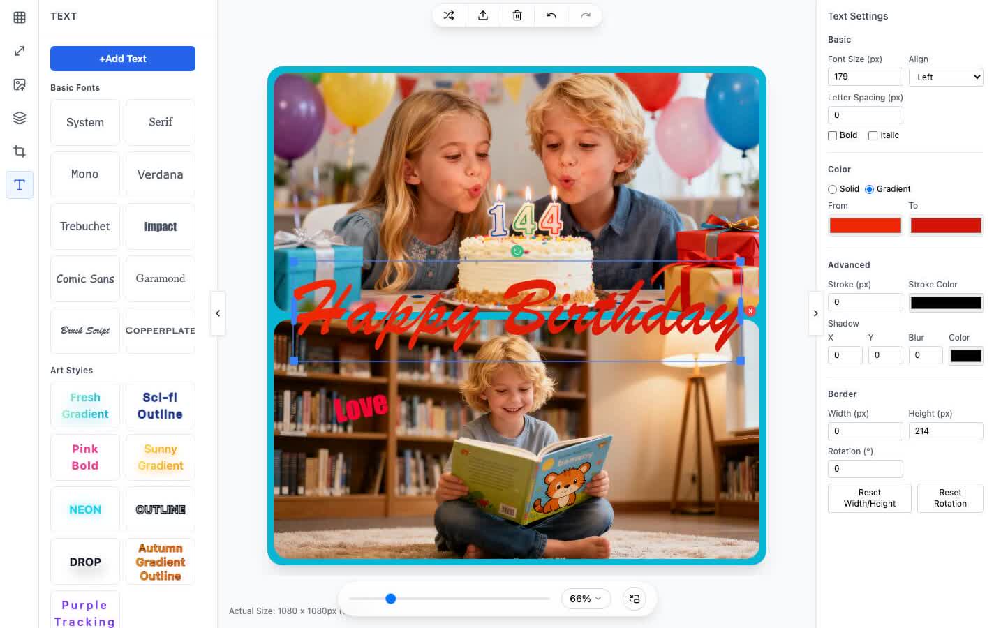 Photo collage text editor with fonts, gradients, neon effects, strokes, and shadow styles